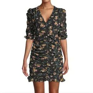 NEW NWT LEA VIOLA Shirred Floral Mini Dress Black Pink Multi Ruched Bodycon S